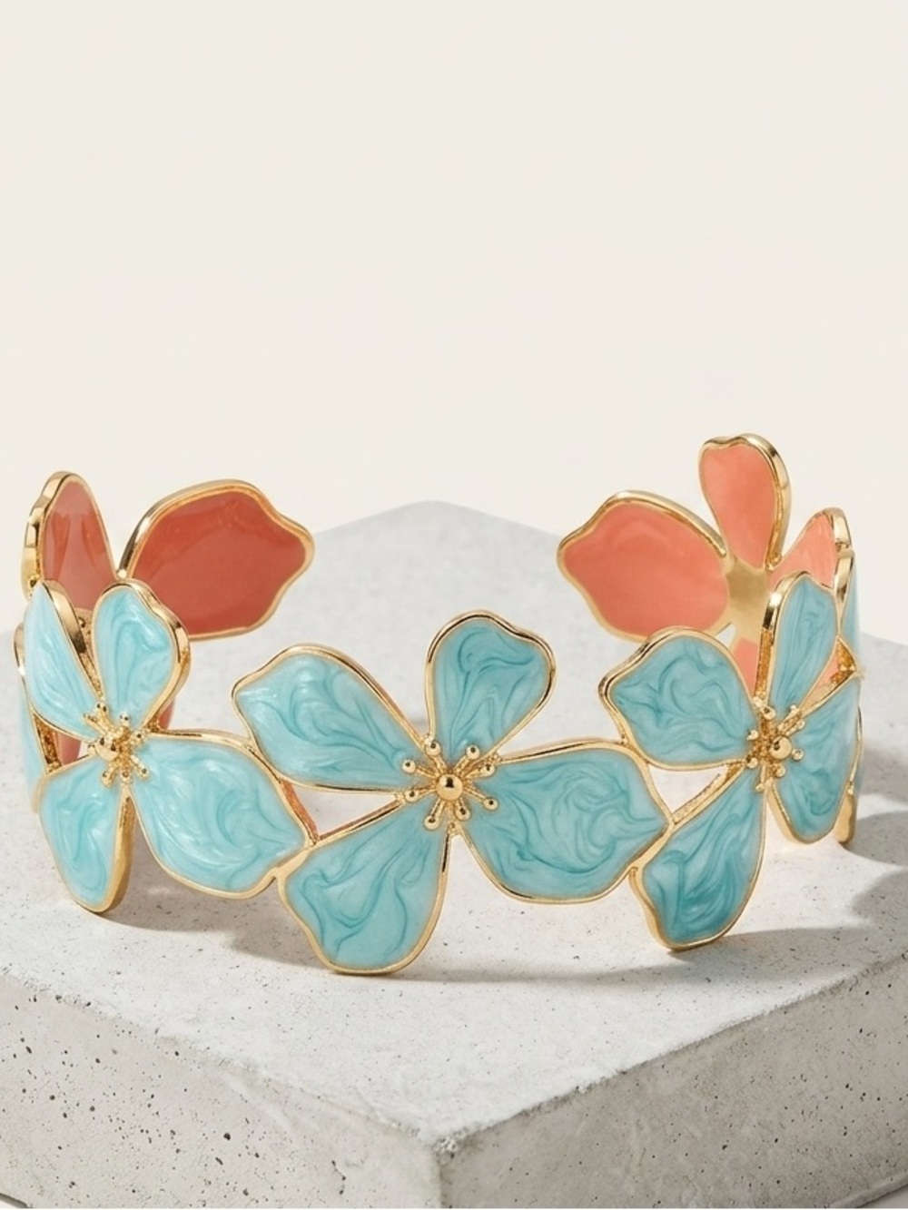 New Gold-Tone Aqua & Coral Floral Cuff Bracelet